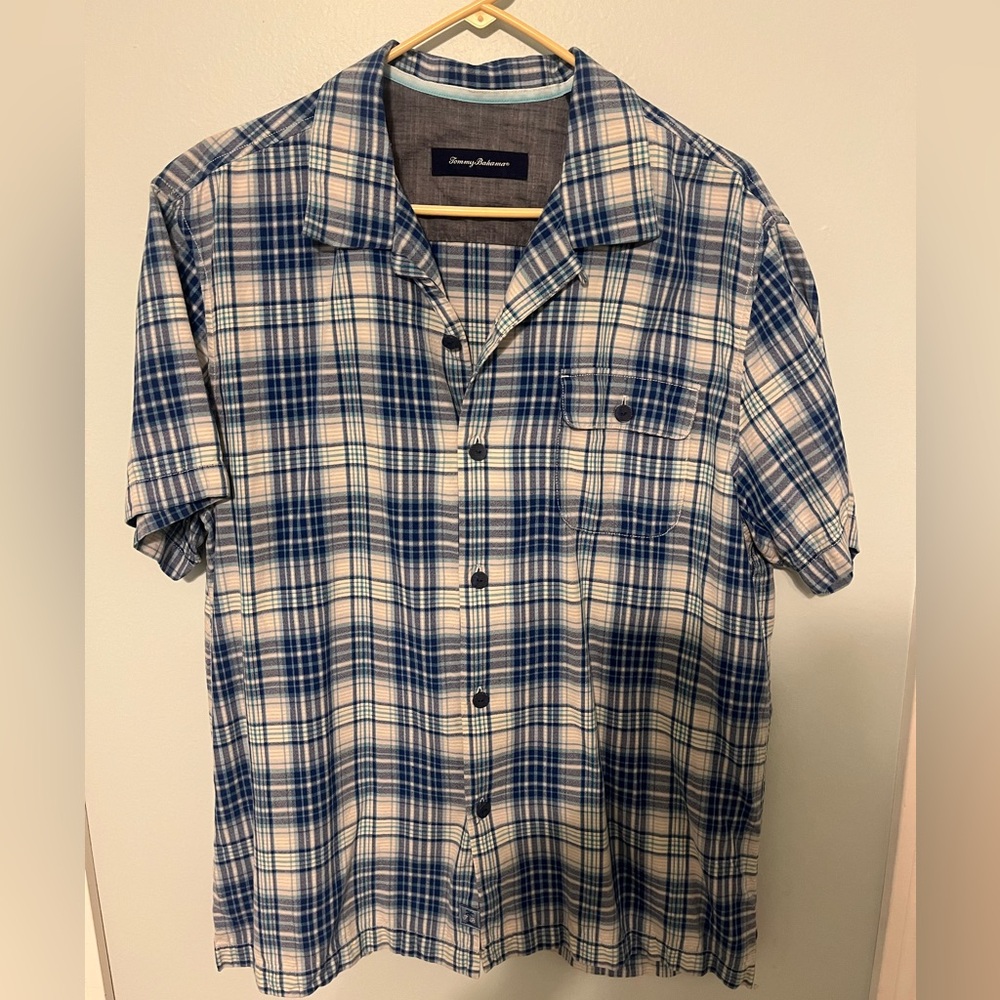 Tommy Bahama Navy and Cream Plaid Shirt